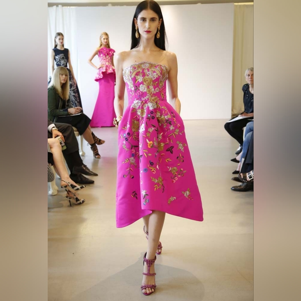 $8,000 OSCAR DE LA RENTA ICONIC SILK PINK GOLD SILVER BEAD EMBR RUNWAY DRESS XL